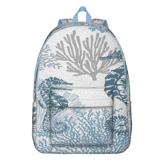 Tropical Seahorse Nautical Life Travel Backpack Lightweight Canvas Bookbag with Coastal Cartoon Design Anti-theft Features Large Capacity Comfortable Carrying for Beach Travel and Daily Commuting