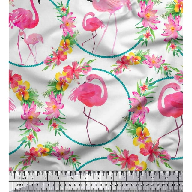 Soimoi Poly Georgette Fabric Floral Wreath & Flamingo Bird Printed Fabric 1 Yard 42 Inch Wide