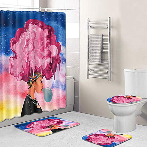 African Woman Bathroom Rug Set Shower Curtain Non Slip Toilet Lid Cover Bath Mat 