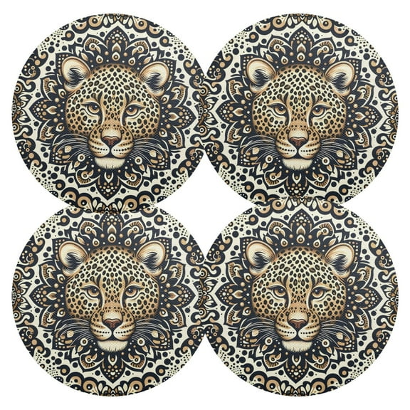 Ryvnso Leopard with Boho Pattern Round Plate Mats Dining Table Placemat Set of 4 for Holiday Decoration