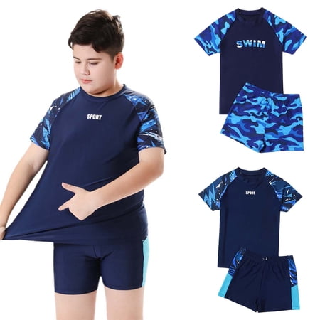 YUEHUA Toddler Kid Boys Plus Size Rash Guard Set for Kids Boys 2 Piece Short Sleeve Swim Shirts with Trunks Quick Dry Bathing Suits Swim Set Size 160