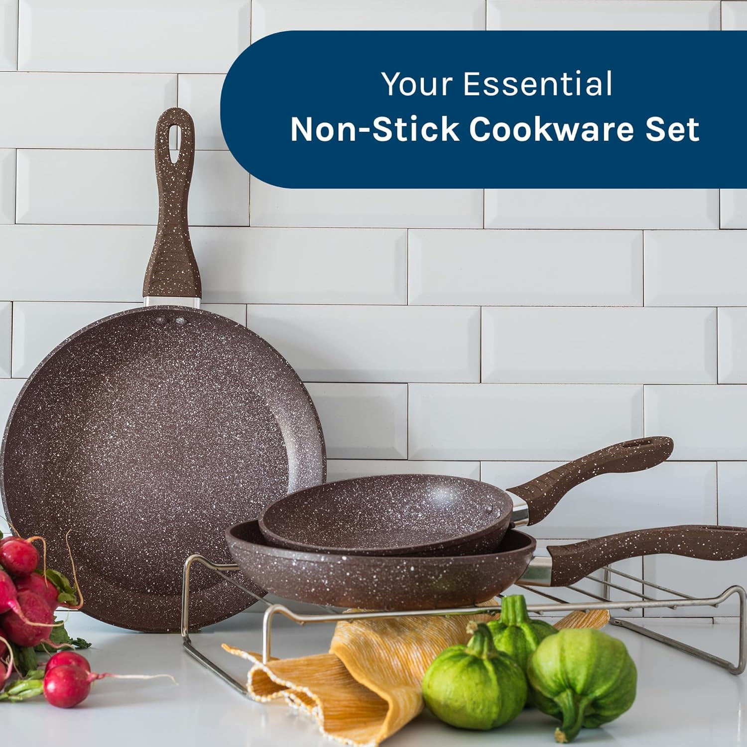 Picca Milan 3-Piece Large Cooking Pan Set - Easy Clean Marble Non Stick Frying Pan Set with Mineral Based Coating - No PFAS/PFOS/PFOA - Brown - 7.8in, 9.4in, 11in