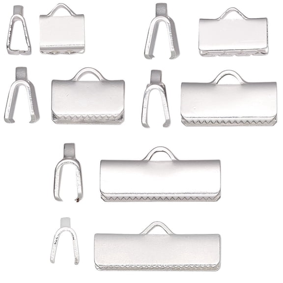 10 Silver Plated Brass Crimp End Findings with Teeth for Flat Leather, Ribbon, Jewelry, Bookmarks, Crafts (1/2 inch (13mm))))