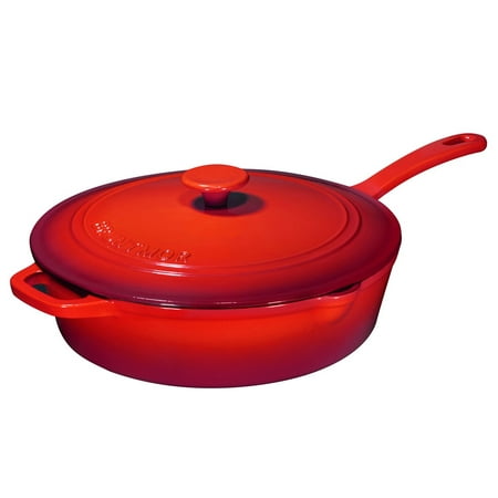 Enameled Cast Iron Skillet Deep Saute Pan with Lid, 12 Inch, Fire Red, Superior Heat