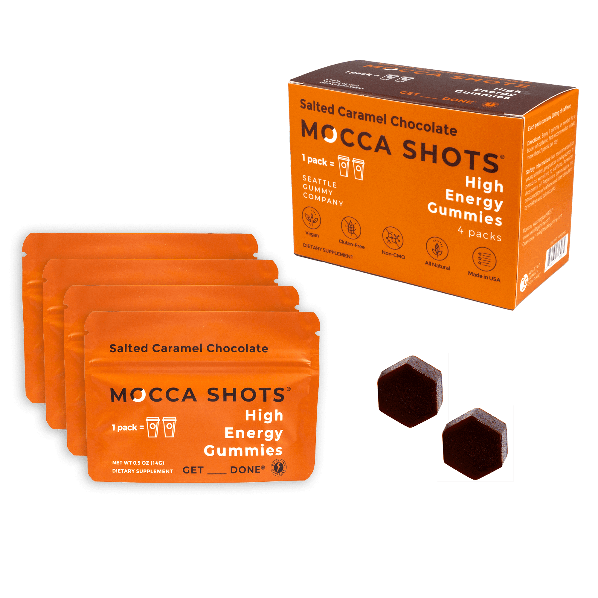 Seattle Gummy Co. Mocca Shots Caffeine Gummies, Salted Caramel Chocolate, 4-pack