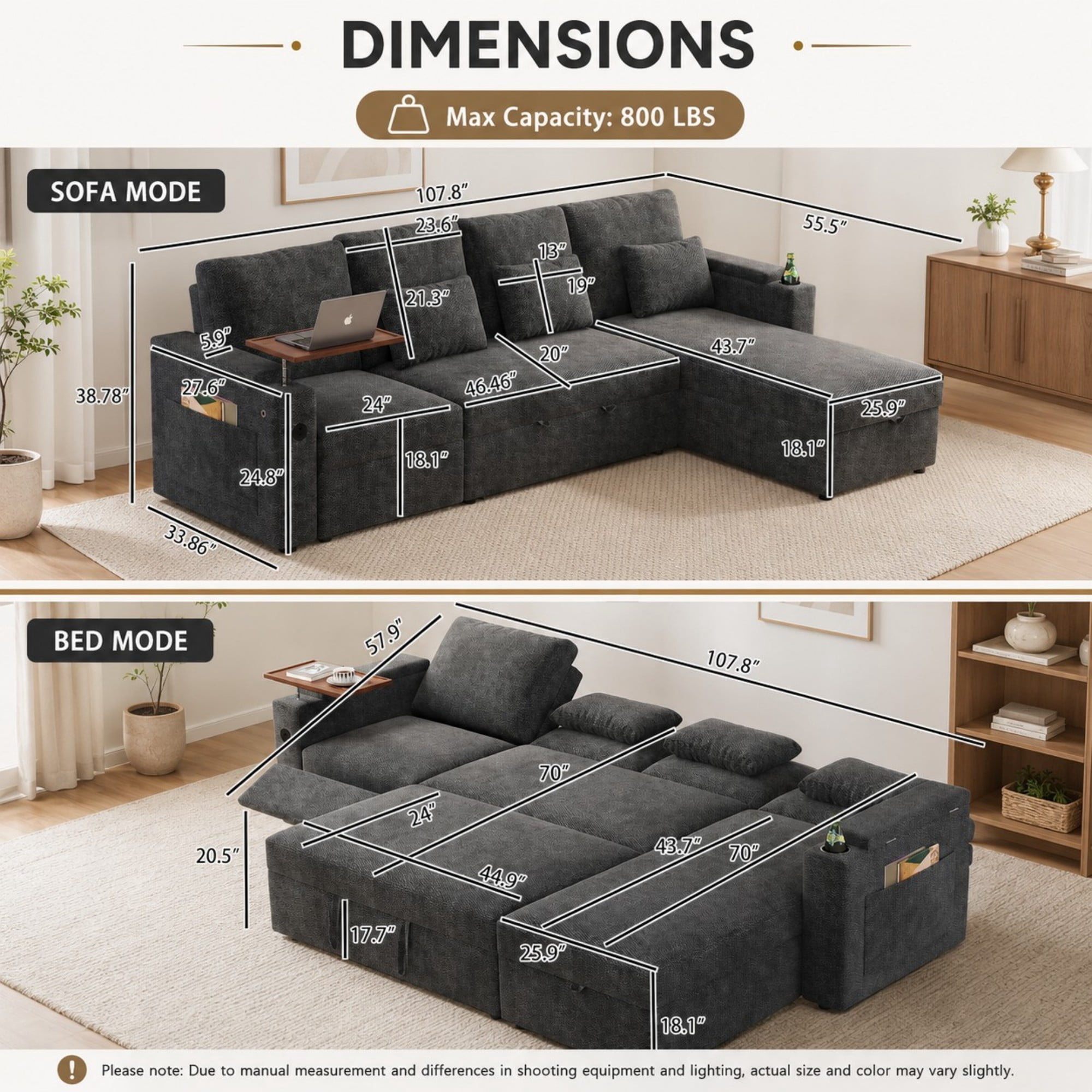 DEALTOPS 108" Chenille L-Shaped Pull Out Sleeper Sofa Bed with Recliner, Storage Chaise & USB Ports, Gray