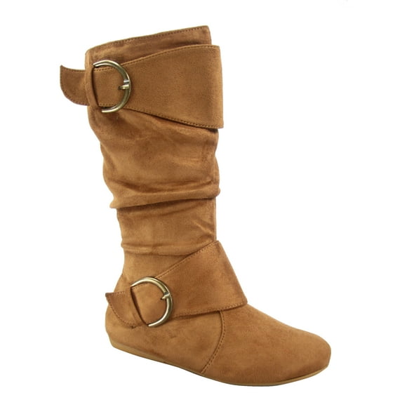 Zone 70 Women's Comfort Zipper Buckle Slouch Casual Flat Heel Mid Calf Round Toe Boots ( Tan, 9)
