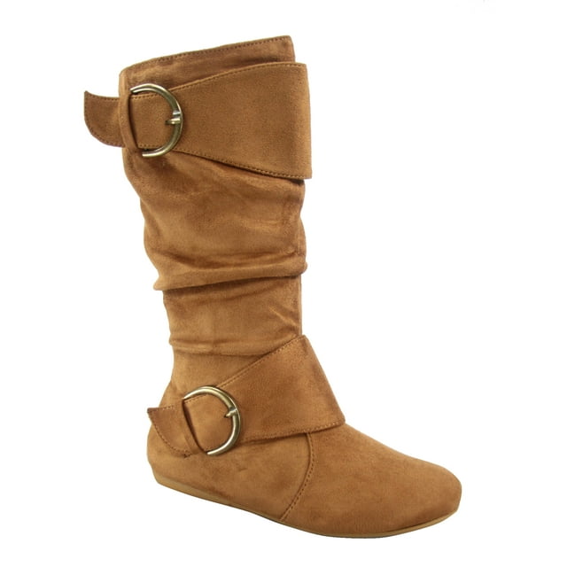 Bottes Mi-Mollet à Bout Rond pour Femmes Zone 70, Confort, Fermeture Éclair, Boucle, Style Plissé Décontracté, Talon Plat ( Tan, 5.5)