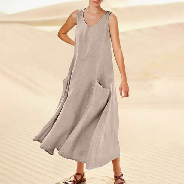 WILLBEST Vestido Corto De Verano Para Mujer, Color Liso, Sin Mangas, Cuello En V, Elegante, Holgado, Informal, Largo, Con Bolsillos, Cómodo Y Elegante Para Uso Diario.
