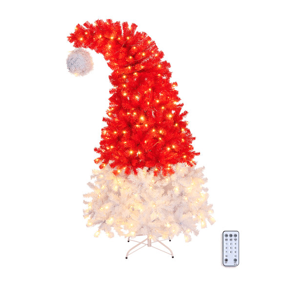 ROVSUN 6ft Christmas Tree with Bendable Santa Hat, 300 Warm White LED Lights, Pre-lit Design, Artificial Xmas Tree for Holiday Party and Home Decoration Red and White