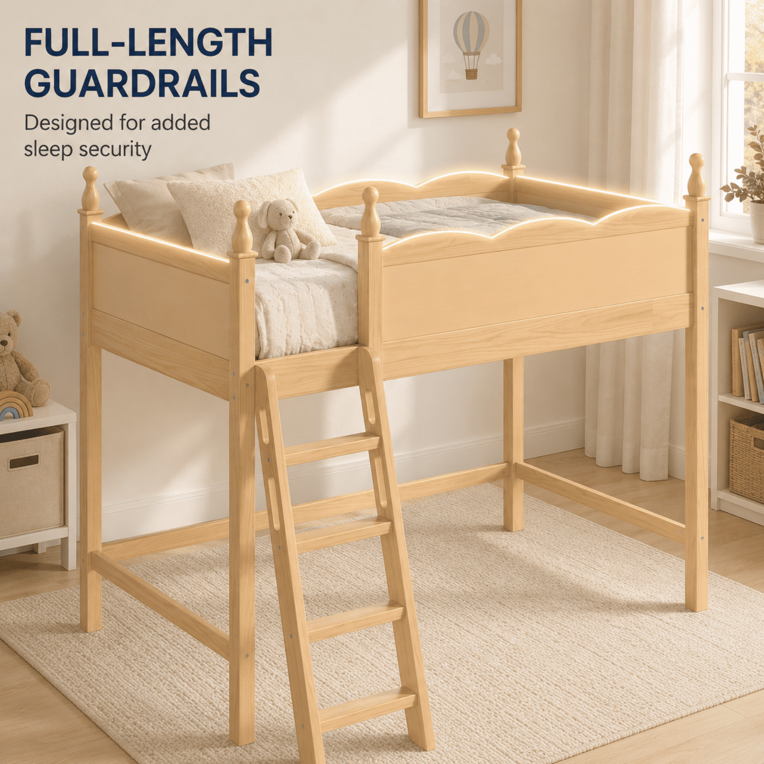 Miniyam Twin Loft Bed for Kids with Guardrails and Ladder, Solid Wood Space Saving Bed Frame, Natural