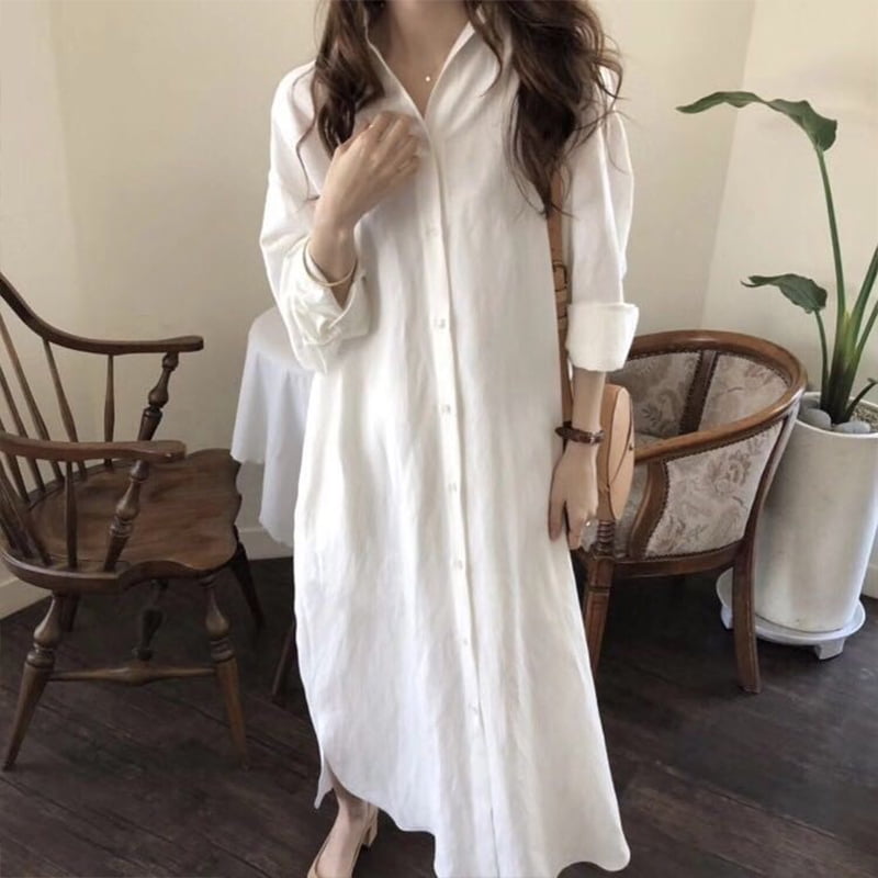 V I P Oversize Women Lapel Collar Long Sleeve Buttons Open Pure Color Loose Maxi Shirt Dress Walmart Com Walmart Com