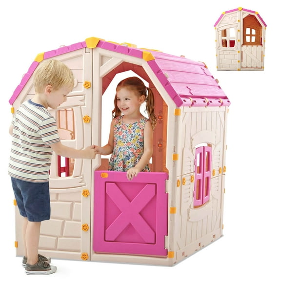 Costway Outdoor Kids Playhouse with Openable Door Windows for Home Backyard for Ages 2 Pink