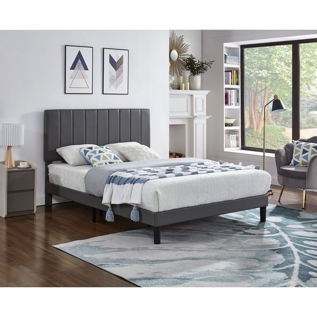 Grey PU Leather Bed w Adjustable Headboard w Vertical Tufting - Full