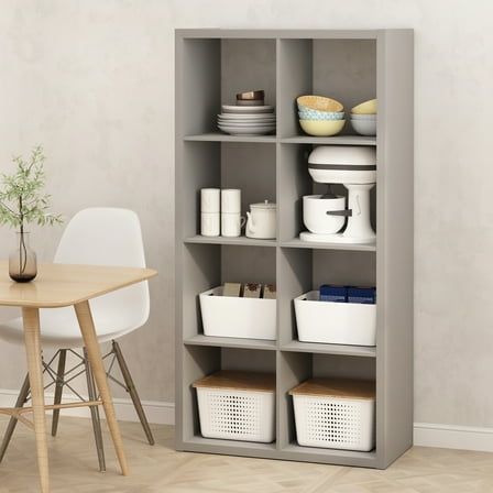 Furinno HERMITE 8 Cube Kitchen Island with Storage Bakers Rack in Pale Grey