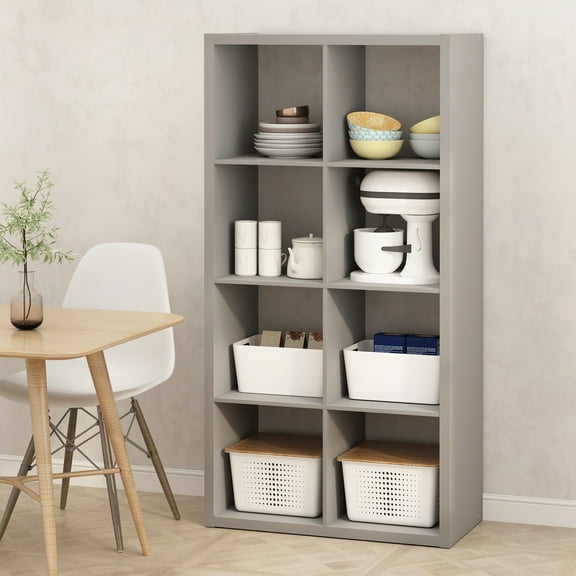 Furinno HERMITE 8 Cube Kitchen Island with Storage Bakers Rack in Pale Grey