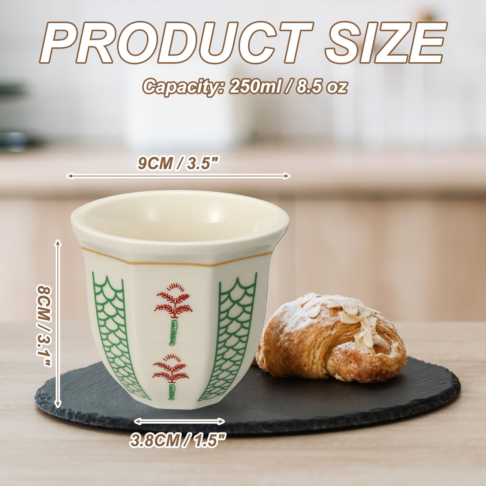 Uxcell Arabic Coffee Cup, 8.5 oz Ceramic Tea Cups Espresso Coffee Mug for Latte Cappuccino Milk Office Home Party Gifts, (White/Green, Style F)