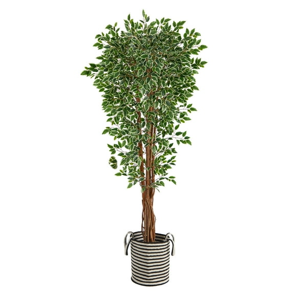 Nearly Natural 70" Variegated Ficus Artificial Tree in Handmade Black and White Natural Jute and Cotton Planter UV Resistant