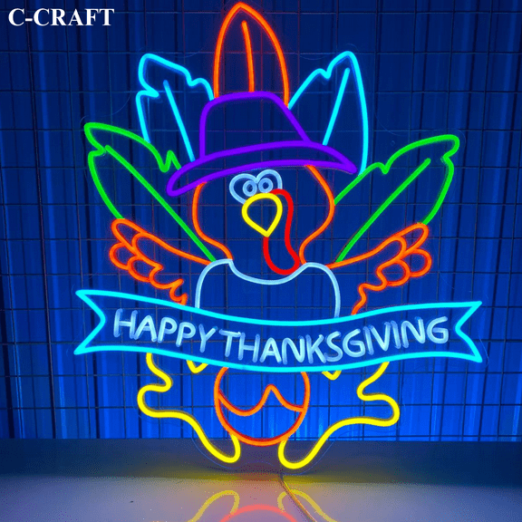 C-CRAFT Happy Thanksgiving Turkey Shop Neon Sign LED Light 25 inch for Wall Decor