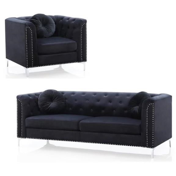 Home Square 2-Piece Furniture Set with Velvet Sofa and Chair in Black