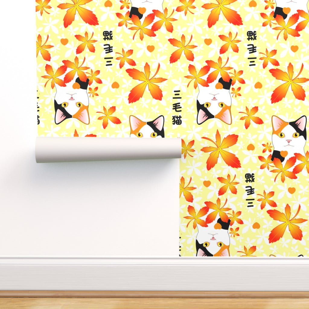 Peel Stick Wallpaper 12ft X 2ft Ke Japanese Color Lucky Cat Autumn Maple Leaves Leaf Custom Removable Wallpaper By Spoonflower Walmart Com