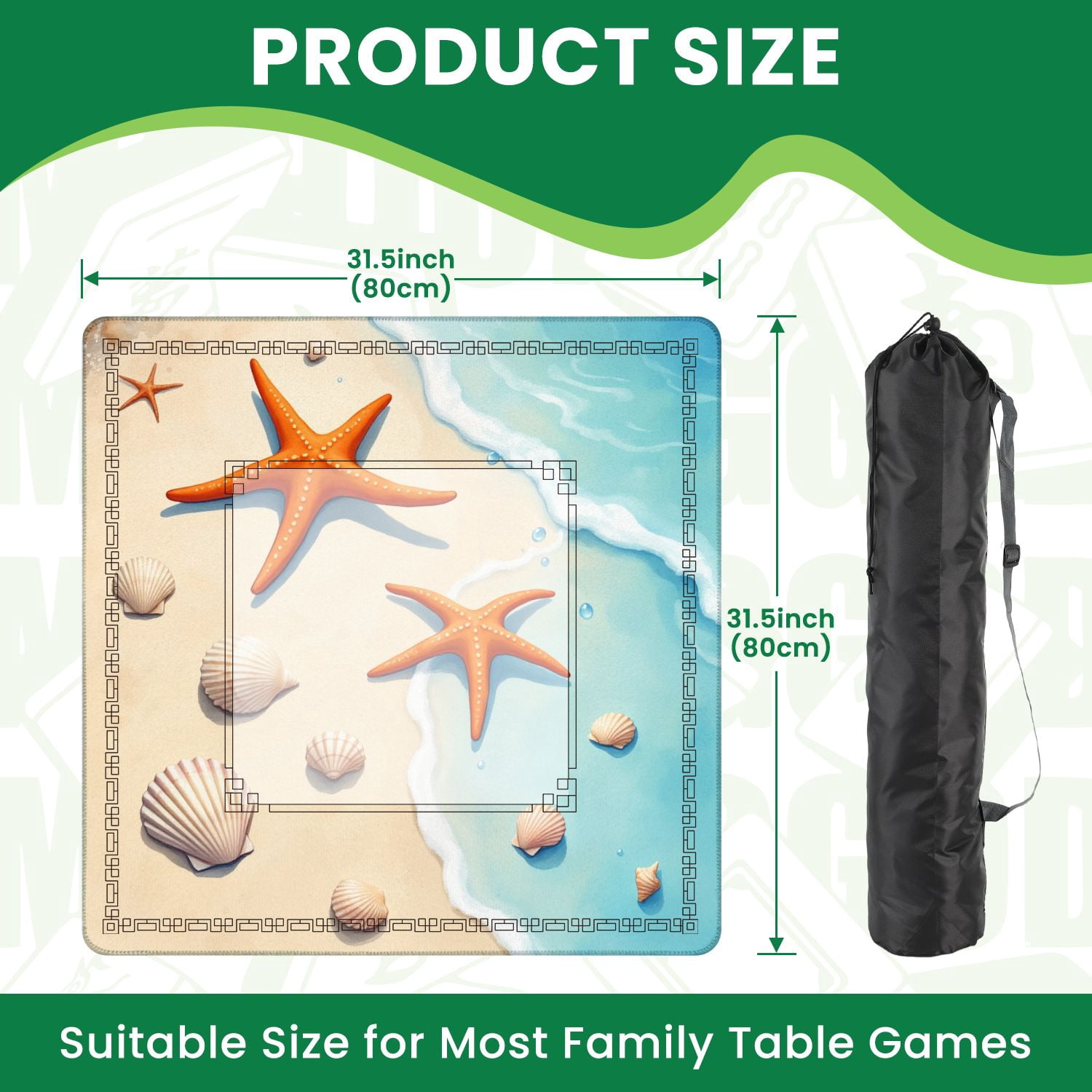 Mahjong Mat 31.5" x 31.5" Orange Starfish Seashells Sandy Beach Gentle Waves Non-Slip Noise Reduction American Mahjong Tiles Table Cover for Dominoes Poker Card Board Games Gift