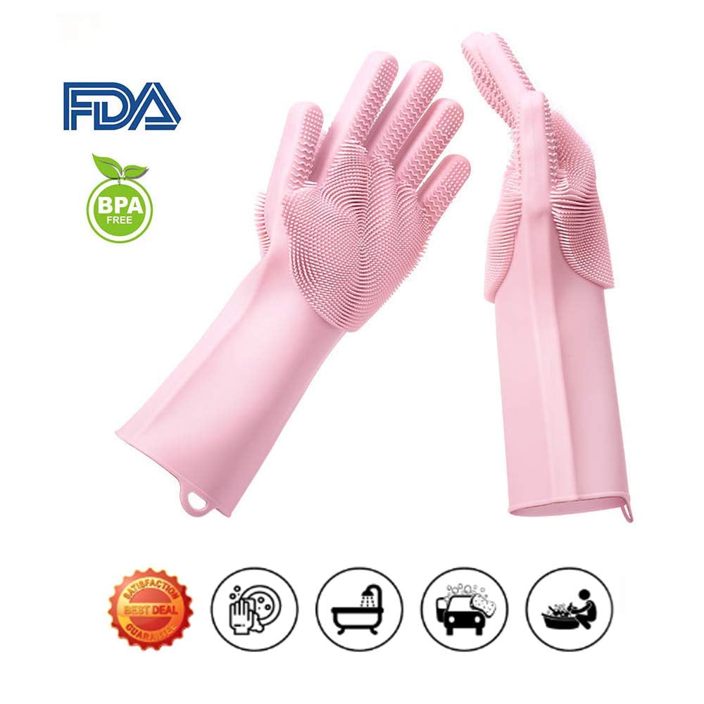 Magic Silicone Gloves, Reusable Dishwashing Gloves with Wash Scrubber
