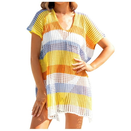 Women s Swimwears Cover-Ups Summer Fashion Beach Sun Shirt Color Blocking Loose Bikini Cover Up Vacation Sun Shirt Lady Casual Beachwear