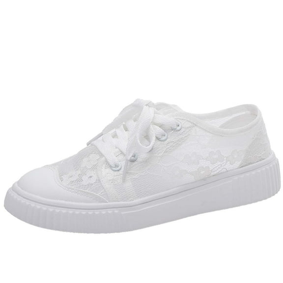 Lusa Women's Floral Breathable Sheer Mesh Sneakers Spring and Summer Cutouts Lace Casual Shoes Low Top Lace up Sneakers Fashion Platform Lightweight Walking Shoes White 42