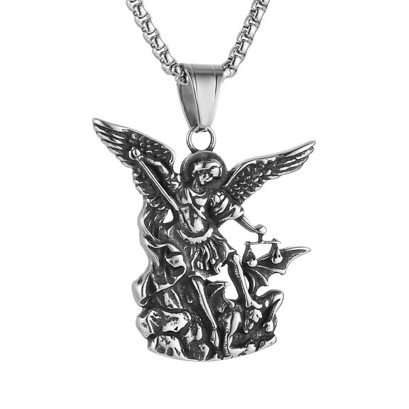 HZMAN Saint Michael the Archangel Necklace for Men Stainless Steel Retro Exorcism Protection Pendant Necklace Jewelry Gift