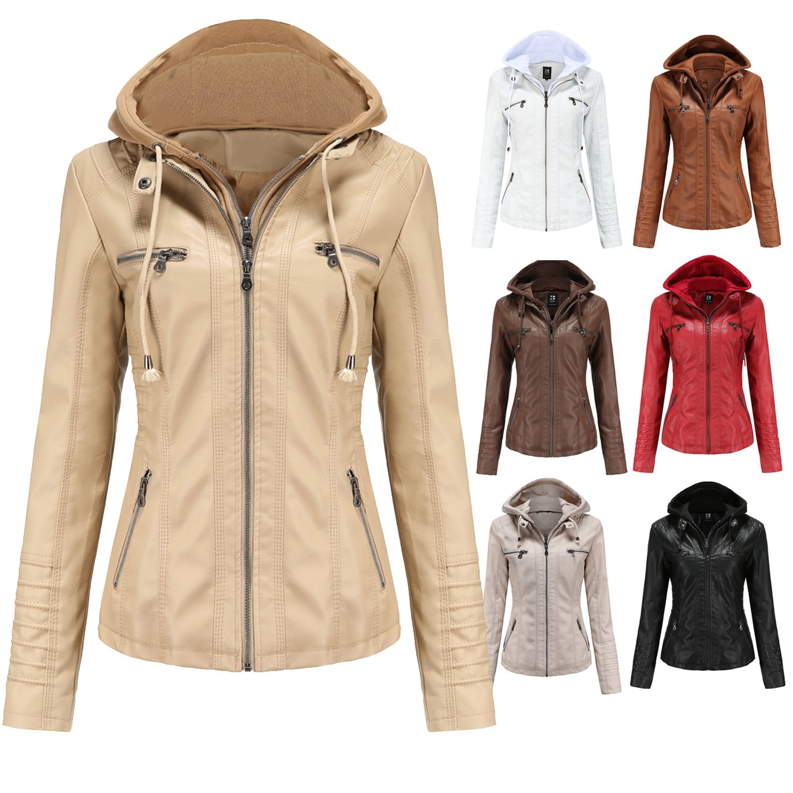 Women's Faux Leather Jacket Plus Size Stand Collar Zipper Outerwear Casual Removable Hoooded Motorcycle Jacket Coats Brown Xxl