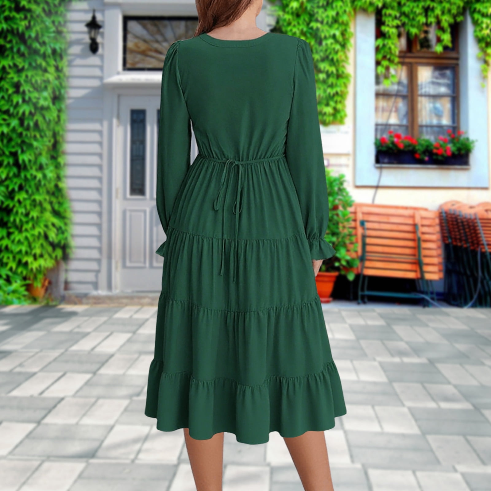 Oplxuo Long Sleeve Dress for Women 2025 Fall V Neck Tiered Aline Spring Elegant Modest Flowy Wedding Guest Maxi Dresses