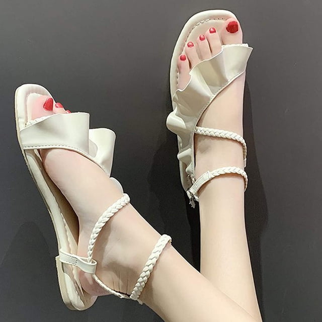 Zapatos casuales de verano para mujer Sandalias de punta abierta con hebilla de tacón bajo con volantes de color sólido Wmkox8yii shjk979