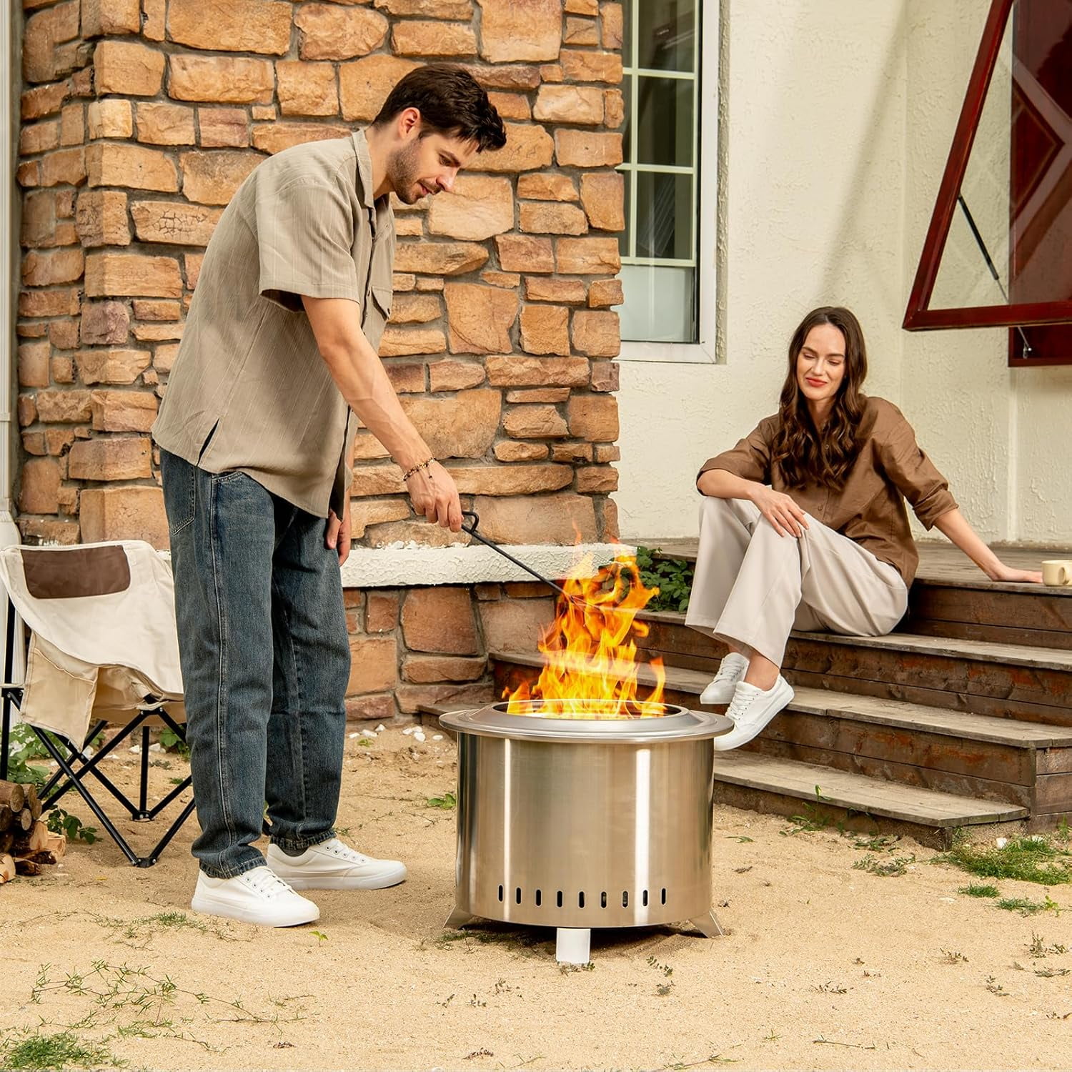 Smokeless Fire Pit,22 Inch Stainless Steel Firepit, Outdoor Wood Burning Fire Pit with Cover,Smokeless Firepits for Outside Backyard Patio Garden Camping Bonfire