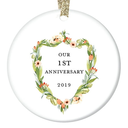 1st Anniversary Ornament, First Christmas Wedding Ornament 2019, Elegant Newlyweds Marriage Couple Anniversaries Ceramic Present 3
