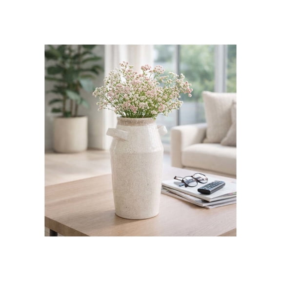 Modern Pottery Vase with Handles for Living Room Decor and Home Accents - Decorative Flower Vase for Room, Bedroom, or Office Display - Ideal for House and Table Centerpiece - 14", Gray & White