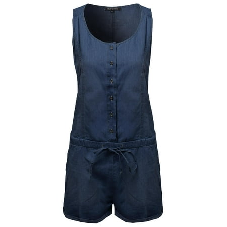 Classic Embroidered Romper - FashionOutfit Women's Classic Basic Denim Sleeveless Romper With Adjustable Waist