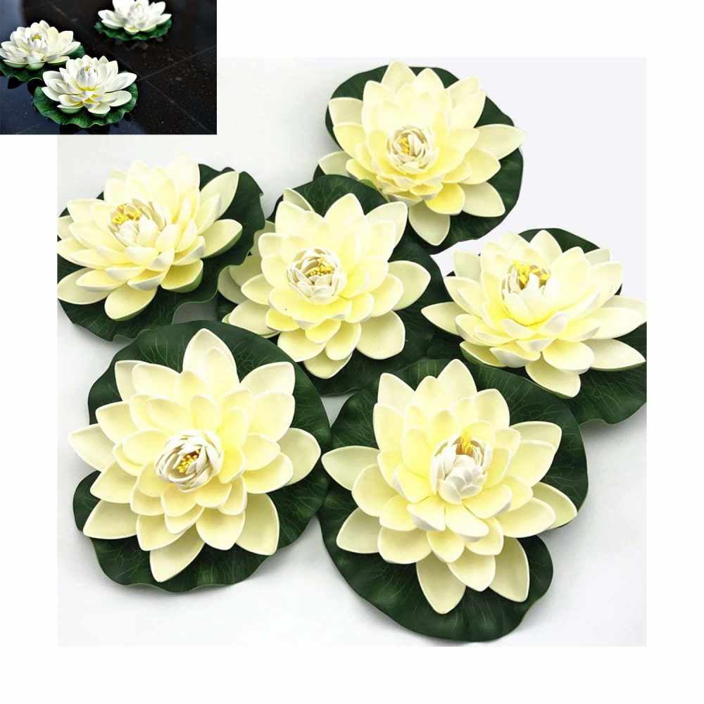 6Pcs Artificial Floating Foam Lotus Flowers, With Water Lily Pad Ornaments, Ivory White, Perfect For Patio Koi Pond Pool Aquarium Home Garden Wedding Party Special Event Decoration