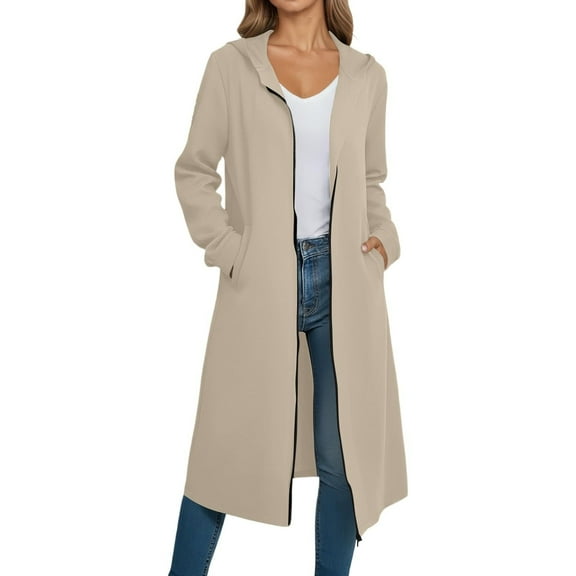 DPTALR Women's Classic Soft Fabric Longline Hooded Cardigan with Side Pockets and Open Front,Khaki,Size XL