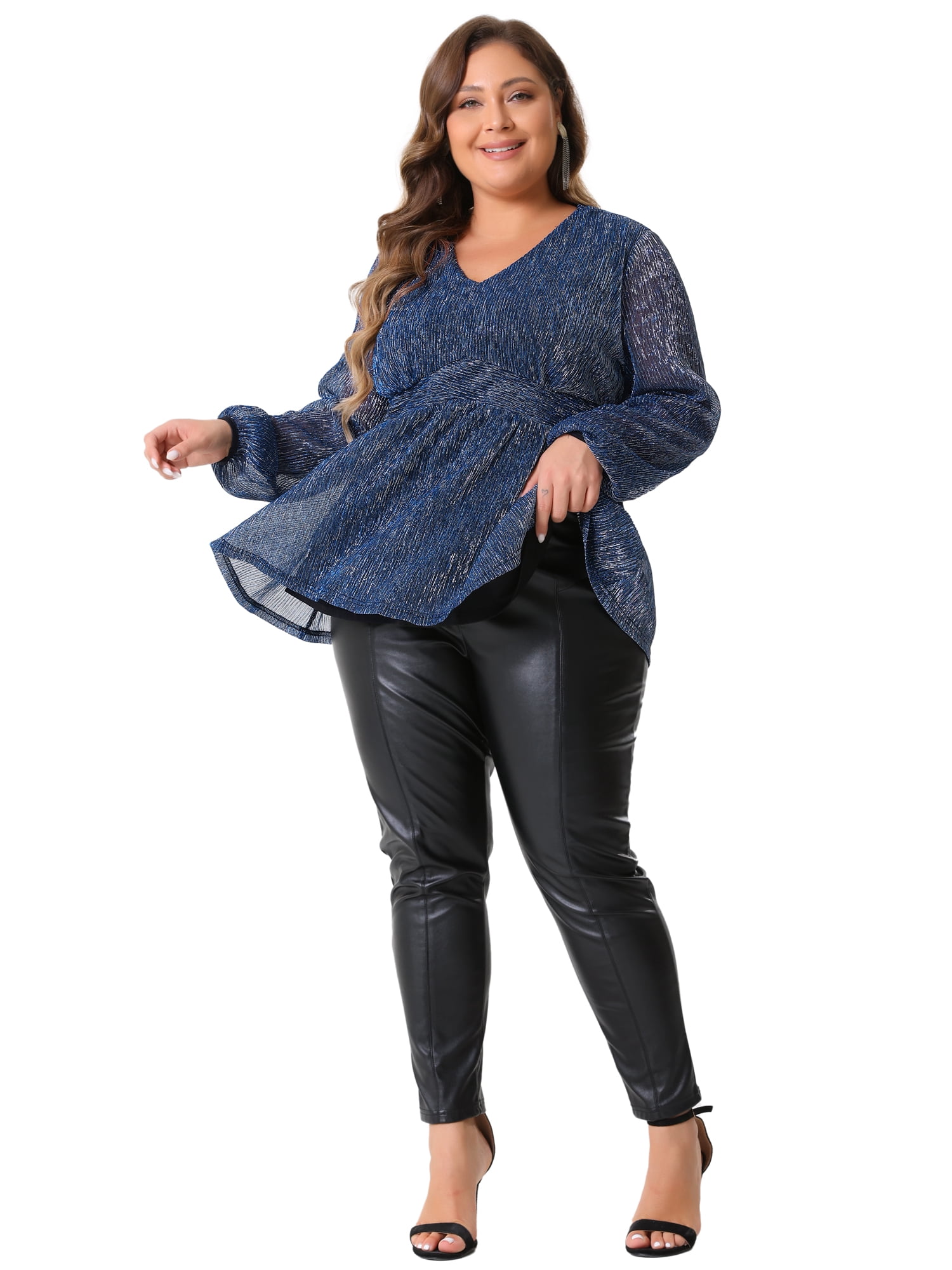 DARING DIVA Women's Plus Glitter V-Neck Waist Pleat Blouse 2X Navy Blue