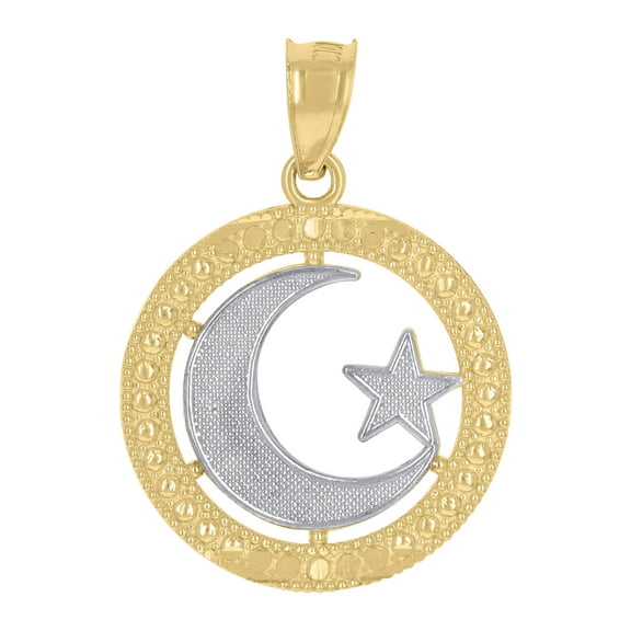 10kt Real Gold Two-Tone Textured Womens Crescent Moon Star Religious Charm Pendant