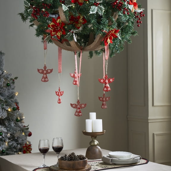 VHC Brands Falling Snow Red Angel Metal Ornament Set of 6 - 4.4 inch
