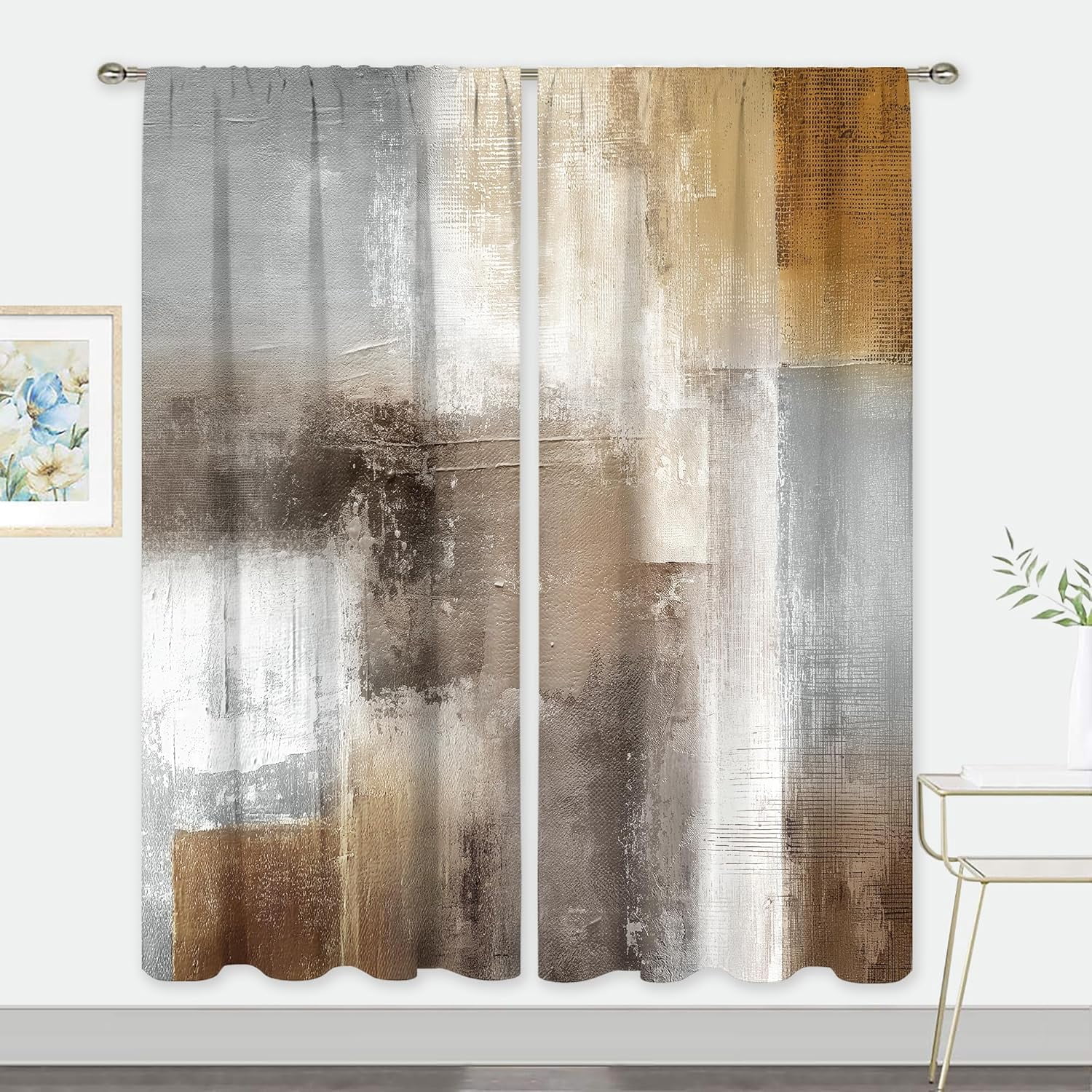 Grey Brown Curtains 52Wx84H Inch Rod Pocket Abstract Vintage Rust Tan Beige Modern Oil Painting Contemporary Bedroom Window Drapes Neutral Earth Tone Printed Living Room Window Treatment