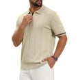 thumbnail image 4 of Men's Textured Polo Shirt Zip Up Ribbed Hem Short Sleeve Golf Polo Shirts S Beige, 4 of 6