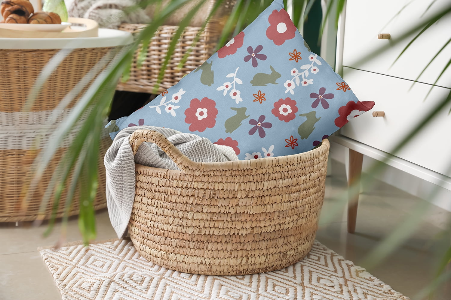 14" x 20" Simply Daisy Flowery Love Bunnies Easter Indoor/Outdoor Pillow, Lighter than Air Blue Qty 1