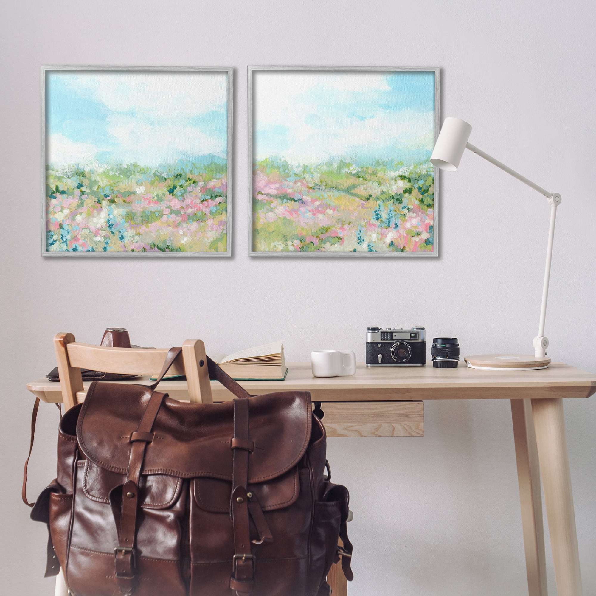 Stupell Industries Abstract Cottage Meadow Landscape Painting Gray Framed Art Print Wall Art, 24 x 24, Set of 2
