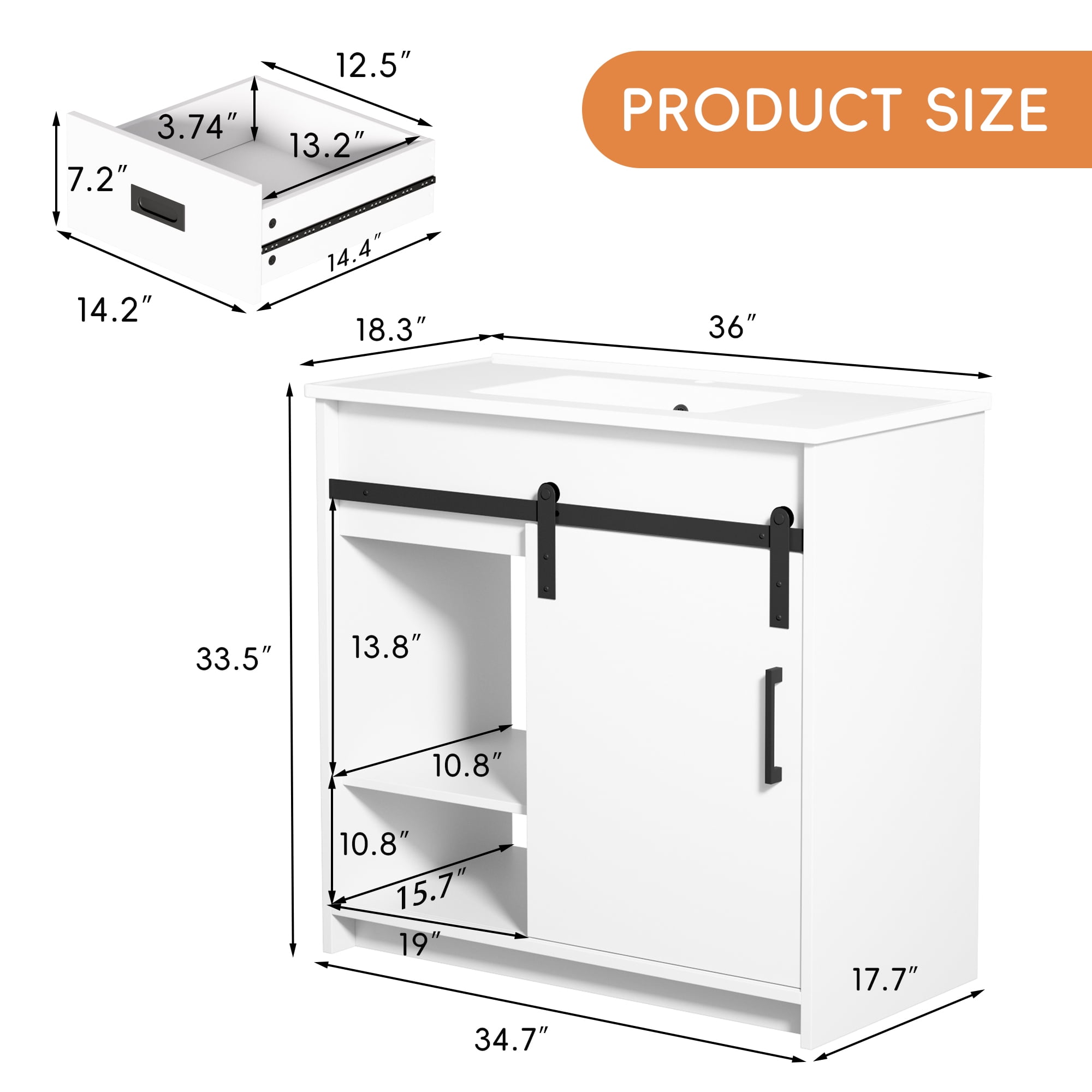 Zidtia 36" Bathroom Vanity Set with Sink, Storage Cabinet with Drawers & Sliding Door, Features Metal Handles, Easy Assembly, White