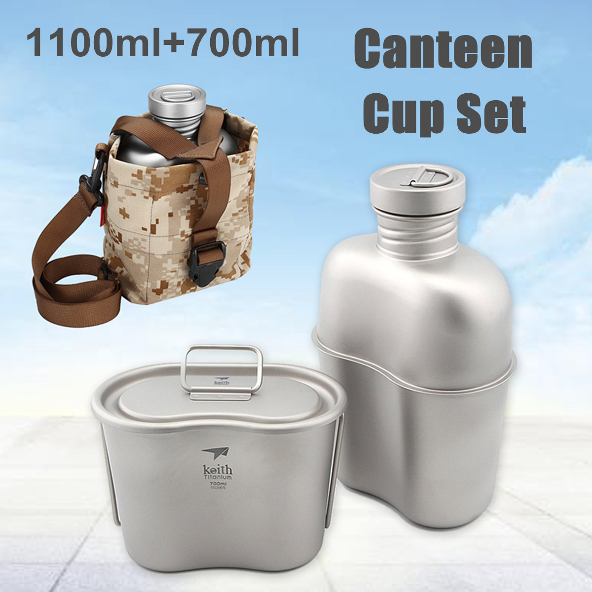 Army Titanium Canteen Water Bottle Cup Pot Camping Hiking Tool Set 1.1L