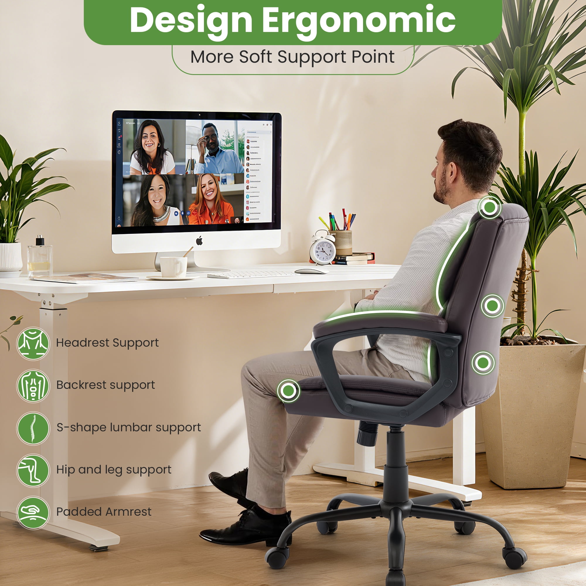 JONPONY Leather Office Chair, Big and Tall 400lbs Ergonomic Desk Chairs with Back Support, Executive Leather Chair with Wheels for Home Office, 360°Swivel Free, Brown