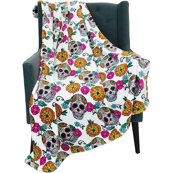 Serafina Home Día de Los Muertos Halloween Blanket Throw: Colorful Sugar Skulls and Flowers for Day of The Dead, Soft Velvet Fleece